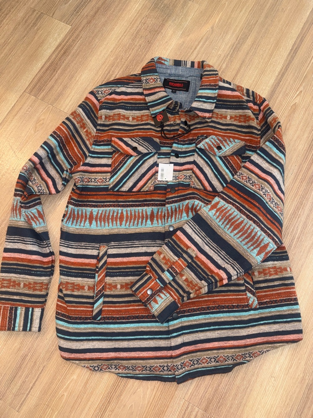 Western Pendleton-Inspired Striped Aztec Button-Up Jacket - Rust, Teal, Navy